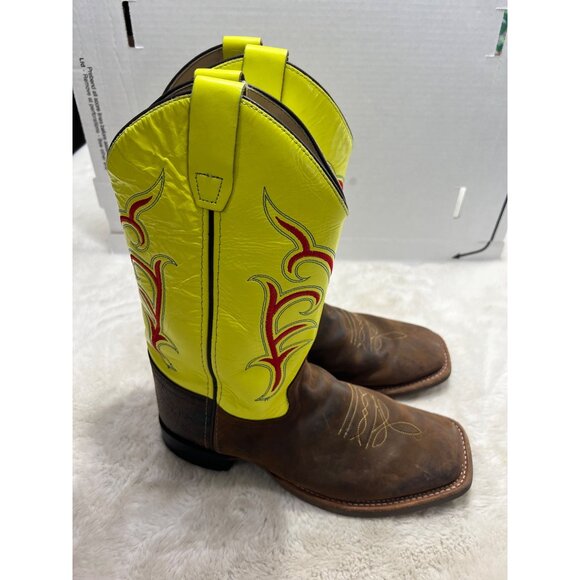 Old West Youth Cowboy Boots Size 7 D Neon Yellow & Brown Leather - Picture 2 of 11